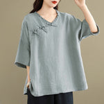 Buddha Stones Spring V-Neck Frog-Button Long Sleeve Plain Women's Cotton Shirt