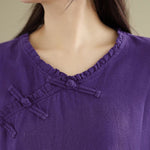 Buddha Stones Spring V-Neck Frog-Button Long Sleeve Plain Women's Cotton Shirt