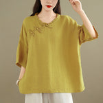Buddha Stones Spring V-Neck Frog-Button Long Sleeve Plain Women's Cotton Shirt