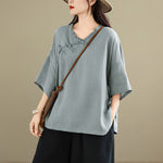 Buddha Stones Spring V-Neck Frog-Button Long Sleeve Plain Women's Cotton Shirt