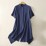 Buddha Stones Summer Stand Collar Short Sleeve Plain Women's Buttons Cotton Shirt With Pocket