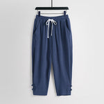Buddha Stones Summer Drawstring Elastic Waist Frog-Button Ankle-Length Men's Cotton Linen Pants With Pockets