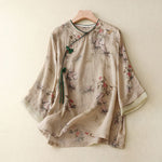 Buddha Stones White Orchid Red Flowers Frog-Button Design Three Quarter Sleeve Women's Shirt