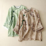 Buddha Stones White Orchid Red Flowers Frog-Button Design Three Quarter Sleeve Women's Shirt