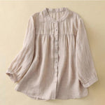 Buddha Stones Plain Crew Neck Buttons Design Three Quarter Sleeve Women's Shirt