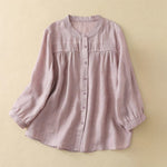 Buddha Stones Plain Crew Neck Buttons Design Three Quarter Sleeve Women's Shirt