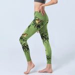 Buddha Stones Elegant Bird Bamboo Leaf Pattern Print Gym Leggings Women's Yoga Pants