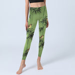 Buddha Stones Elegant Bird Bamboo Leaf Pattern Print Gym Leggings Women's Yoga Pants