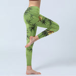 Buddha Stones Elegant Bird Bamboo Leaf Pattern Print Gym Leggings Women's Yoga Pants