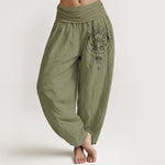 Buddha Stones Pure Cotton Concise Lotus Flower Pattern Women's Elastic Waist Harem Pants