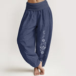 Buddha Stones Pure Cotton Minimalist Design Moon Sun Star Mountain Pattern Women's Elastic Waist Harem Pants