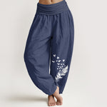 Buddha Stones Pure Cotton Vivid Bird Feather Pattern Women's Elastic Waist Harem Pants