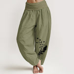 Buddha Stones Pure Cotton Vivid Bird Feather Pattern Women's Elastic Waist Harem Pants