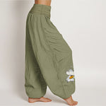 Buddha Stones Pure Cotton Elegant Daisy Butterfly Dragonfly Pattern Women's Elastic Waist Harem Pants
