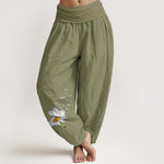 Buddha Stones Pure Cotton Elegant Daisy Butterfly Dragonfly Pattern Women's Elastic Waist Harem Pants