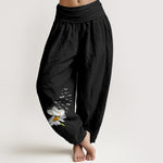 Buddha Stones Pure Cotton Elegant Daisy Butterfly Dragonfly Pattern Women's Elastic Waist Harem Pants
