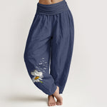 Buddha Stones Pure Cotton Elegant Daisy Butterfly Dragonfly Pattern Women's Elastic Waist Harem Pants