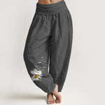 Buddha Stones Pure Cotton Elegant Daisy Butterfly Dragonfly Pattern Women's Elastic Waist Harem Pants