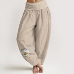 Buddha Stones Pure Cotton Elegant Daisy Butterfly Dragonfly Pattern Women's Elastic Waist Harem Pants