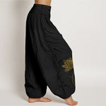 Buddha Stones Pure Cotton Elegant Lotus Flower Pattern Women's Elastic Waist Harem Pants