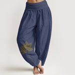 Buddha Stones Pure Cotton Elegant Lotus Flower Pattern Women's Elastic Waist Harem Pants