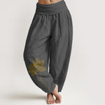 Buddha Stones Pure Cotton Elegant Lotus Flower Pattern Women's Elastic Waist Harem Pants