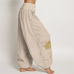 Buddha Stones Pure Cotton Elegant Lotus Flower Pattern Women's Elastic Waist Harem Pants
