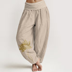 Buddha Stones Pure Cotton Elegant Lotus Flower Pattern Women's Elastic Waist Harem Pants
