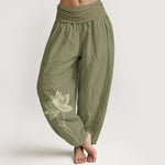 Buddha Stones Pure Cotton Elegant Lotus Flower Pattern Women's Elastic Waist Harem Pants