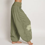 Buddha Stones Pure Cotton Elegant Lotus Flower Pattern Women's Elastic Waist Harem Pants