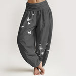 Buddha Stones Pure Cotton Elegant Butterfly Dandelion Pattern Women's Elastic Waist Harem Pants