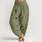 Buddha Stones Pure Cotton Elegant Butterfly Dandelion Pattern Women's Elastic Waist Harem Pants