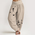 Buddha Stones Pure Cotton Elegant Butterfly Dandelion Pattern Women's Elastic Waist Harem Pants