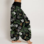 Buddha Stones Cotton Contrasting Colors Flower Leaf Pattern Women's Elastic Waist Harem Pants