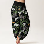 Buddha Stones Cotton Contrasting Colors Flower Leaf Pattern Women's Elastic Waist Harem Pants