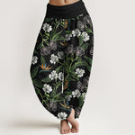 Buddha Stones Cotton Contrasting Colors Flower Leaf Pattern Women's Elastic Waist Harem Pants