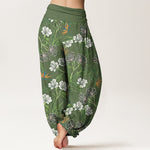 Buddha Stones Cotton Contrasting Colors Flower Leaf Pattern Women's Elastic Waist Harem Pants
