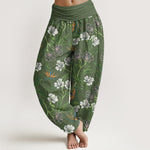 Buddha Stones Cotton Contrasting Colors Flower Leaf Pattern Women's Elastic Waist Harem Pants