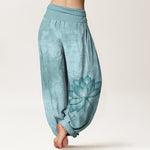 Buddha Stones Cotton Light Color Lotus Wavy Lines Pattern Women's Elastic Waist Harem Pants