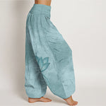 Buddha Stones Cotton Light Color Lotus Wavy Lines Pattern Women's Elastic Waist Harem Pants