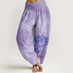 Buddha Stones Cotton Light Color Lotus Wavy Lines Pattern Women's Elastic Waist Harem Pants