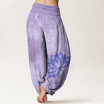 Buddha Stones Cotton Light Color Lotus Wavy Lines Pattern Women's Elastic Waist Harem Pants