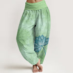 Buddha Stones Cotton Light Color Lotus Wavy Lines Pattern Women's Elastic Waist Harem Pants