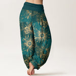 Buddha Stones Cotton Retro Print Flower Pattern Women's Elastic Waist Harem Pants