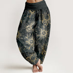Buddha Stones Cotton Retro Print Flower Pattern Women's Elastic Waist Harem Pants