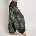 Buddha Stones Cotton Retro Print Flower Pattern Women's Elastic Waist Harem Pants