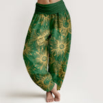 Buddha Stones Cotton Retro Print Flower Pattern Women's Elastic Waist Harem Pants