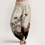 Buddha Stones Cotton Classical Bamboo Bird Flower Pattern Women's Elastic Waist Harem Pants
