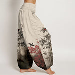 Buddha Stones Cotton Classical Bamboo Bird Flower Pattern Women's Elastic Waist Harem Pants