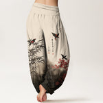 Buddha Stones Cotton Classical Bamboo Bird Flower Pattern Women's Elastic Waist Harem Pants